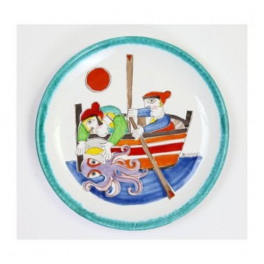 Handmade sicilian ceramic Round Plate Folk Fishermen octopus PT30FK-03 Handmade sicilian ceramic Round Plate Folk Fishermen octopus PT30FK-03